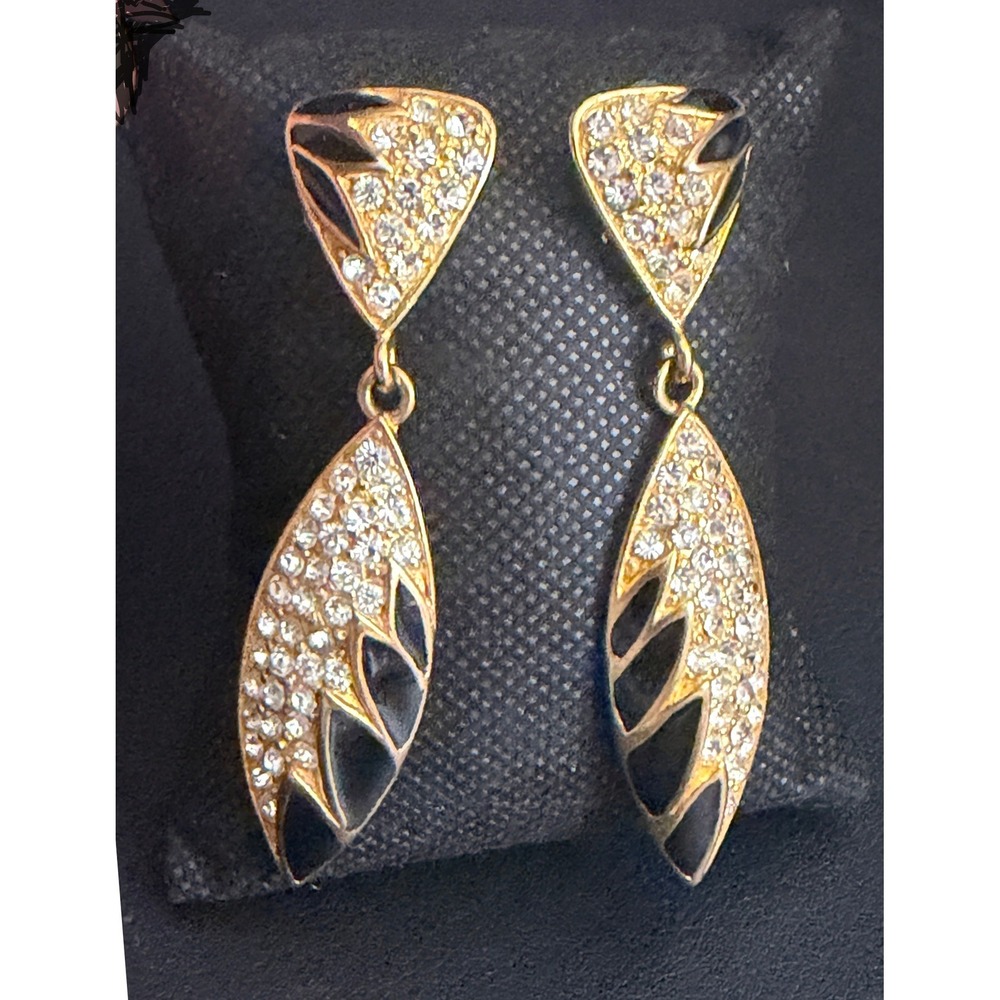 Rhinestone Drop Earrings Glam Gold Tone Black Enamel